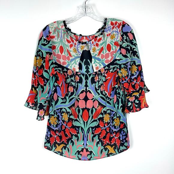 Maeve Folkart Kimono Silk Blouse Keyhole Back Bell Sleeves Sheer Womens Size 0 - Picture 9 of 13